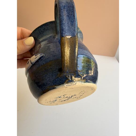 Studio Pottery Blue Glazed Mug Hand Thrown Coffee Cup Fish Motif Fisherman Gift - Picture 10 of 11